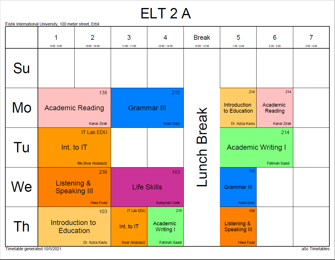 Updated ELT Weekly Schedule Fall-Term 2021-2022 | TIU