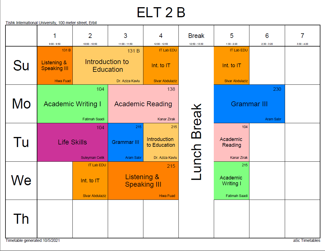 Updated ELT Weekly Schedule Fall-Term 2021-2022 | TIU