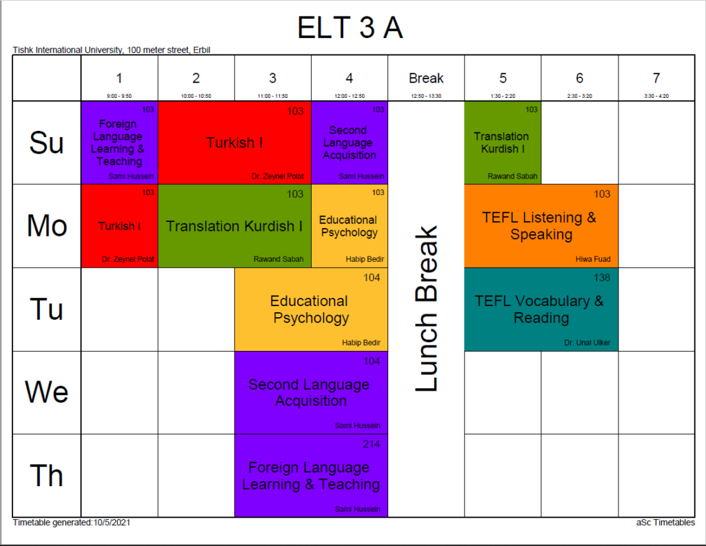 Updated ELT Weekly Schedule Fall-Term 2021-2022 | TIU