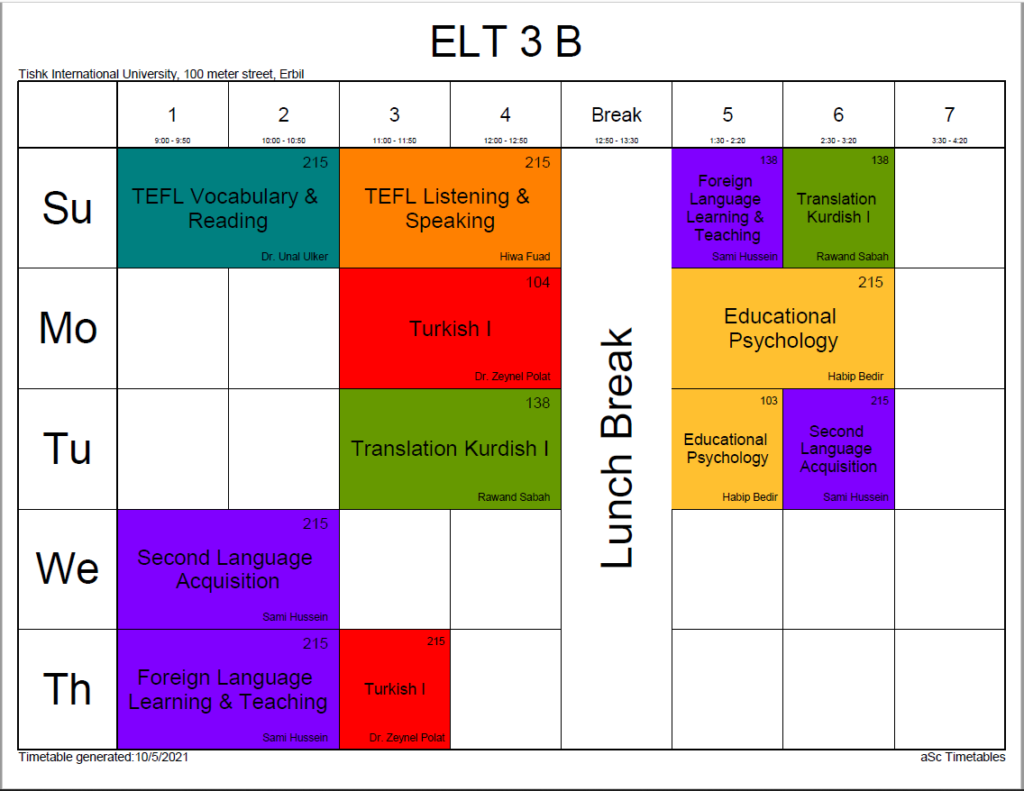 Updated ELT Weekly Schedule Fall-Term 2021-2022 | TIU