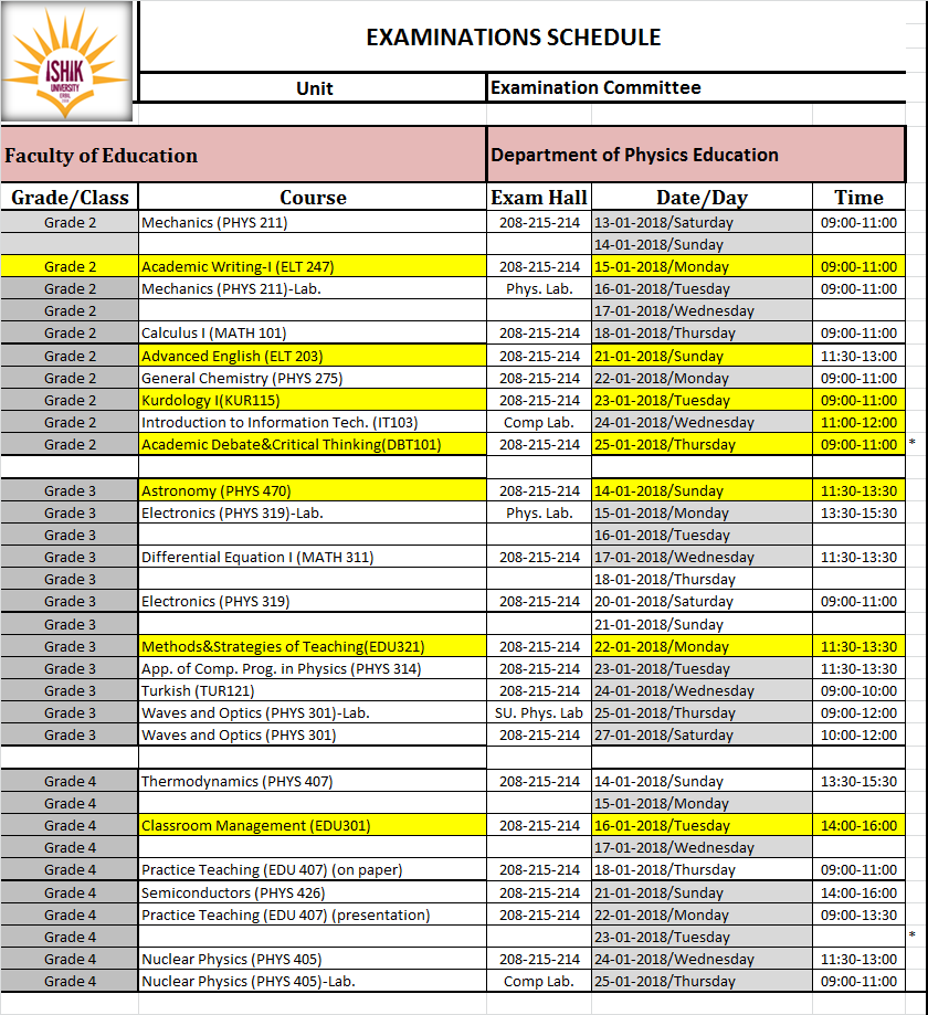 Final Exam Schedule (20172018 Fall Term) Updated 2 Physics Education